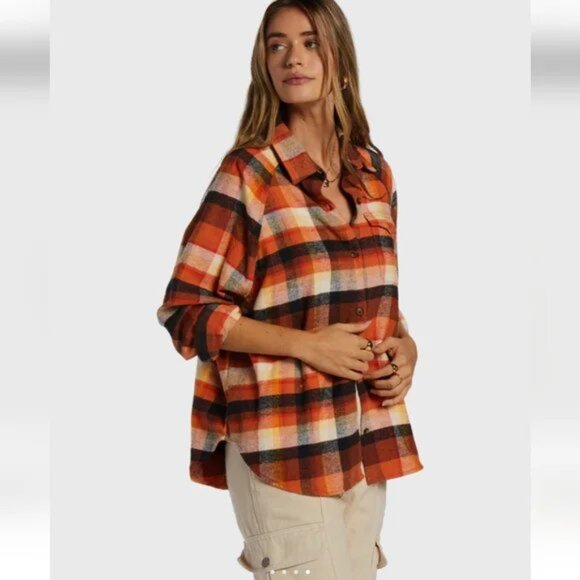 Billabong Best Time Oversized Mocha Plaid Flannel Shirt - Picture 1 of 11